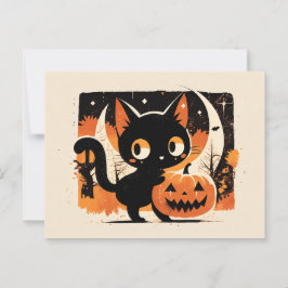 Schattige Zwarte Kat met Jack-o'-lantern Briefkaart