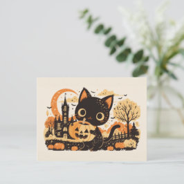 Schattige Zwarte Kat met Jack-o'-lantern Feestdagenkaart