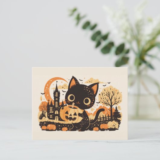 Schattige Zwarte Kat met Jack-o'-lantern Feestdagenkaart (Staand voorkant)