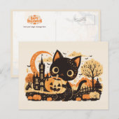Schattige Zwarte Kat met Jack-o'-lantern Feestdagenkaart (Voorkant / Achterkant)