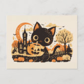 Schattige Zwarte Kat met Jack-o'-lantern Feestdagenkaart (Voorkant)