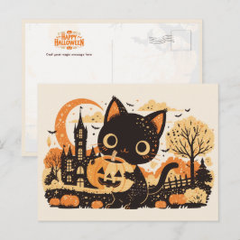 Schattige Zwarte Kat met Jack-o'-lantern Feestdagenkaart