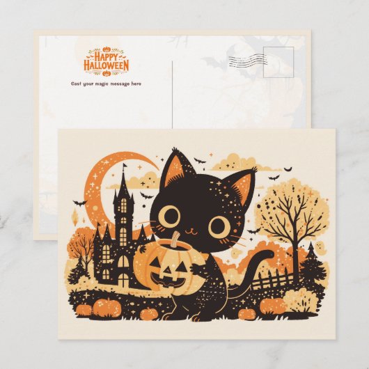 Schattige Zwarte Kat met Jack-o'-lantern Feestdagenkaart (Voorkant / Achterkant)
