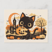 Schattige Zwarte Kat met Jack-o'-lantern Feestdagenkaart (Voorkant)