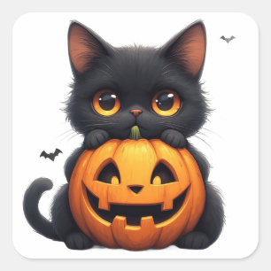 Schattige Zwarte Kat Met Jack O Lantern Pompoen Vierkante Sticker