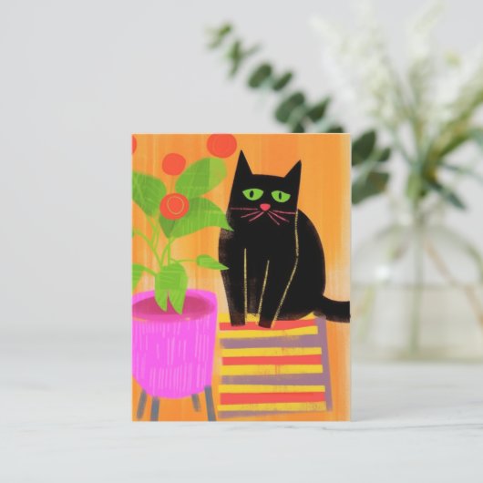 Schattige zwarte kat met kamerplanten briefkaart (Staand voorkant)