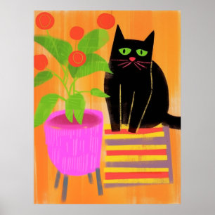Schattige zwarte kat met kamerplanten poster