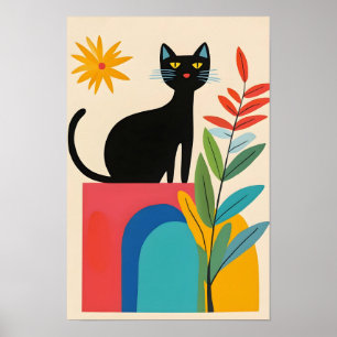 Schattige zwarte kat met kleurrijke bloem poster