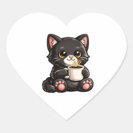 Schattige Zwarte Kat met Koffie Hart Sticker