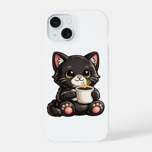 Schattige Zwarte Kat met Koffie iPhone 15 Case (Achterkant)
