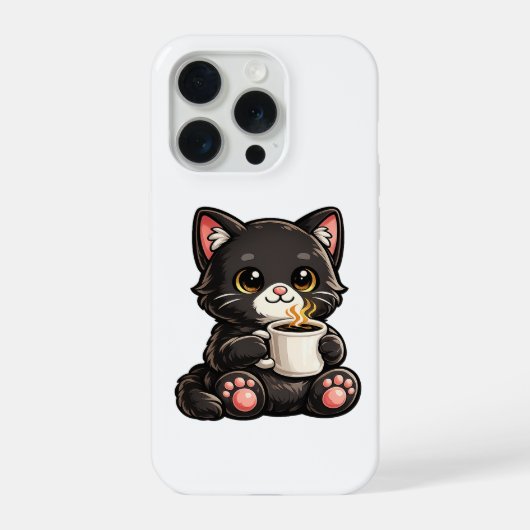 Schattige Zwarte Kat met Koffie iPhone Hoesje (Achterkant)