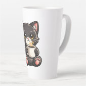 Schattige Zwarte Kat met Koffie Latte Mok (Rechterhoek)