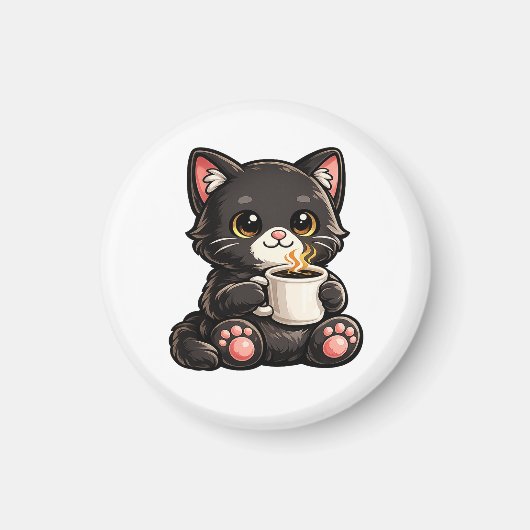 Schattige Zwarte Kat met Koffie Magneet (Voorkant)