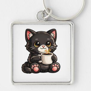 Schattige Zwarte Kat met Koffie Sleutelhanger