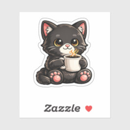 Schattige Zwarte Kat met Koffie Sticker