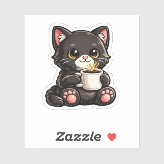 Schattige Zwarte Kat met Koffie Sticker (Vel)