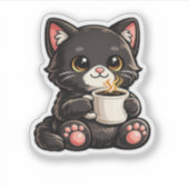 Schattige Zwarte Kat met Koffie Sticker (Voorkant)