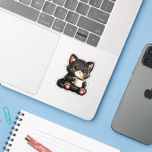 Schattige Zwarte Kat met Koffie Sticker (Laptop met iPhone)