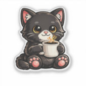 Schattige Zwarte Kat met Koffie Sticker (Voorkant)