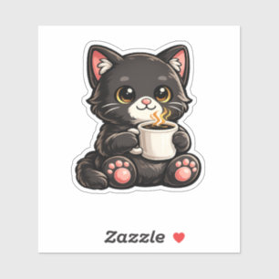 Schattige Zwarte Kat met Koffie Sticker