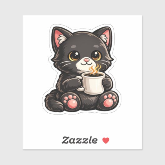 Schattige Zwarte Kat met Koffie Sticker (Vel)