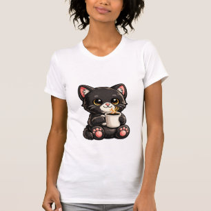 Schattige Zwarte Kat met Koffie T-shirt