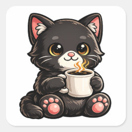 Schattige Zwarte Kat met Koffie Vierkante Sticker