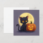 Schattige Zwarte Kat met Lichtgevende Gekerfde Pom Kaart (Voorkant / Achterkant)