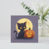 Schattige Zwarte Kat met Lichtgevende Gekerfde Pom Kaart (Staand voorkant)