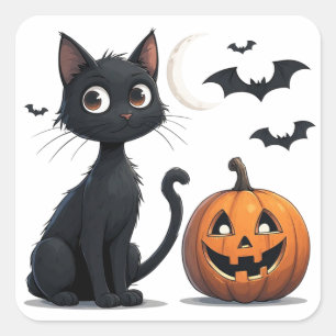 Schattige zwarte kat met pompoen Halloween 🎃 Vierkante Sticker