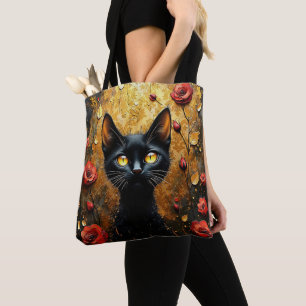 Schattige Zwarte Kat Met Rode Rozen Tote Bag