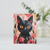 Schattige zwarte kat met roze bloemen briefkaart (Staand voorkant)