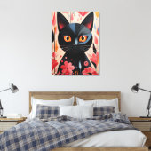 Schattige zwarte kat met roze bloemen canvas afdruk (Insitu (Slaapkamer))