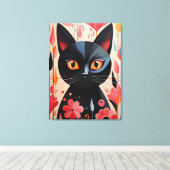 Schattige zwarte kat met roze bloemen canvas afdruk (Insitu (Houten vloer))