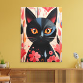 Schattige zwarte kat met roze bloemen canvas afdruk (Insitu (Woonkamer))