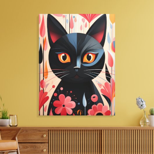 Schattige zwarte kat met roze bloemen canvas afdruk (Insitu (Woonkamer))