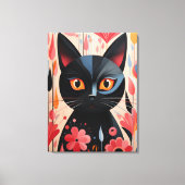 Schattige zwarte kat met roze bloemen canvas afdruk (Voorkant)