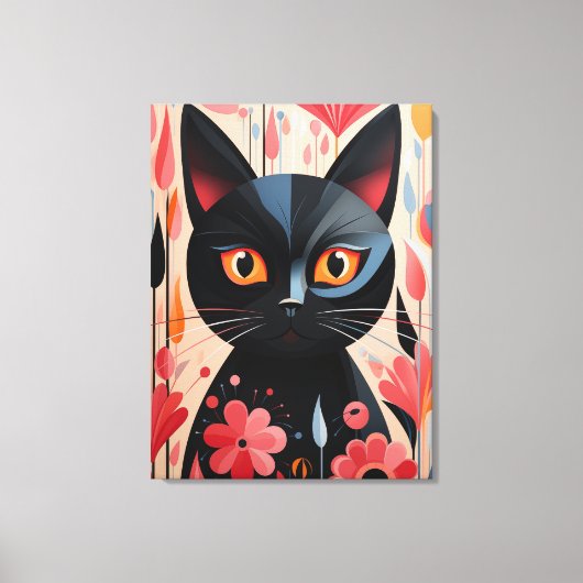 Schattige zwarte kat met roze bloemen canvas afdruk (Voorkant)
