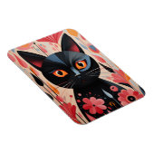 Schattige zwarte kat met roze bloemen magneet (Rechterzijde)