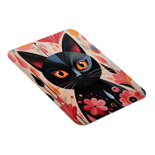 Schattige zwarte kat met roze bloemen magneet (Rechterzijde)