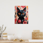 Schattige zwarte kat met roze bloemen poster (Keuken)