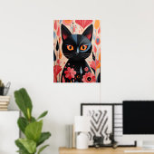 Schattige zwarte kat met roze bloemen poster (Thuiskantoor)