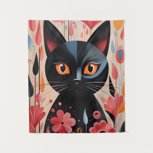 Schattige zwarte kat met roze bloemen wandkleed (Voorkant)