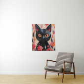 Schattige zwarte kat met roze bloemen wandkleed (In situ)