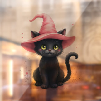 Schattige Zwarte Kat met Roze Heksenhoed Halloween Raamsticker