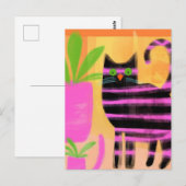 Schattige zwarte kat met roze strepen briefkaart (Voorkant / Achterkant)