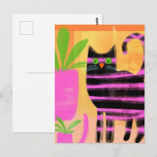 Schattige zwarte kat met roze strepen briefkaart (Voorkant / Achterkant)