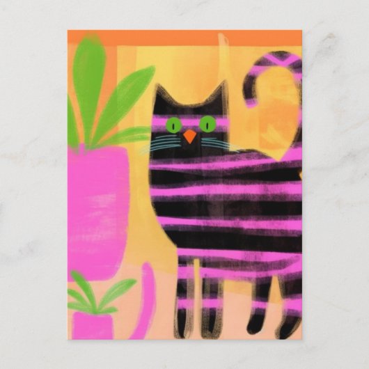Schattige zwarte kat met roze strepen briefkaart (Voorkant)