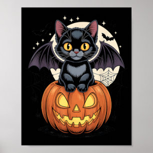 Schattige Zwarte Kat Met Vleermuisvleugels Jack O  Poster