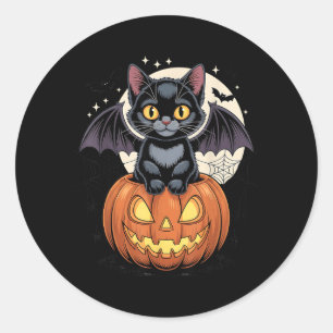 Schattige Zwarte Kat Met Vleermuisvleugels Jack O  Ronde Sticker